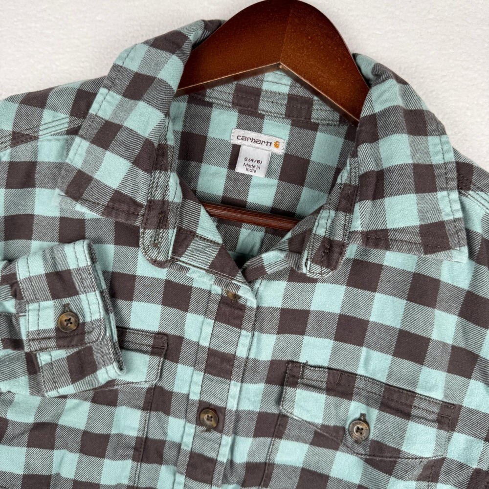 Carhartt Flannel Shirt Womens Small Teal Brown Plaid L/S Chest Pockets Workwear